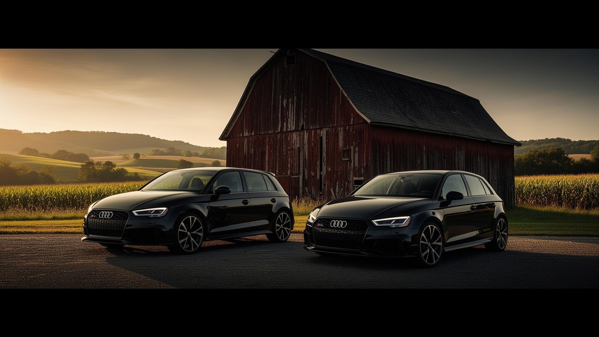 Black Audi RS3 sedan and VW Golf R parked in front of a red midwest barn in Greenville, Indiana