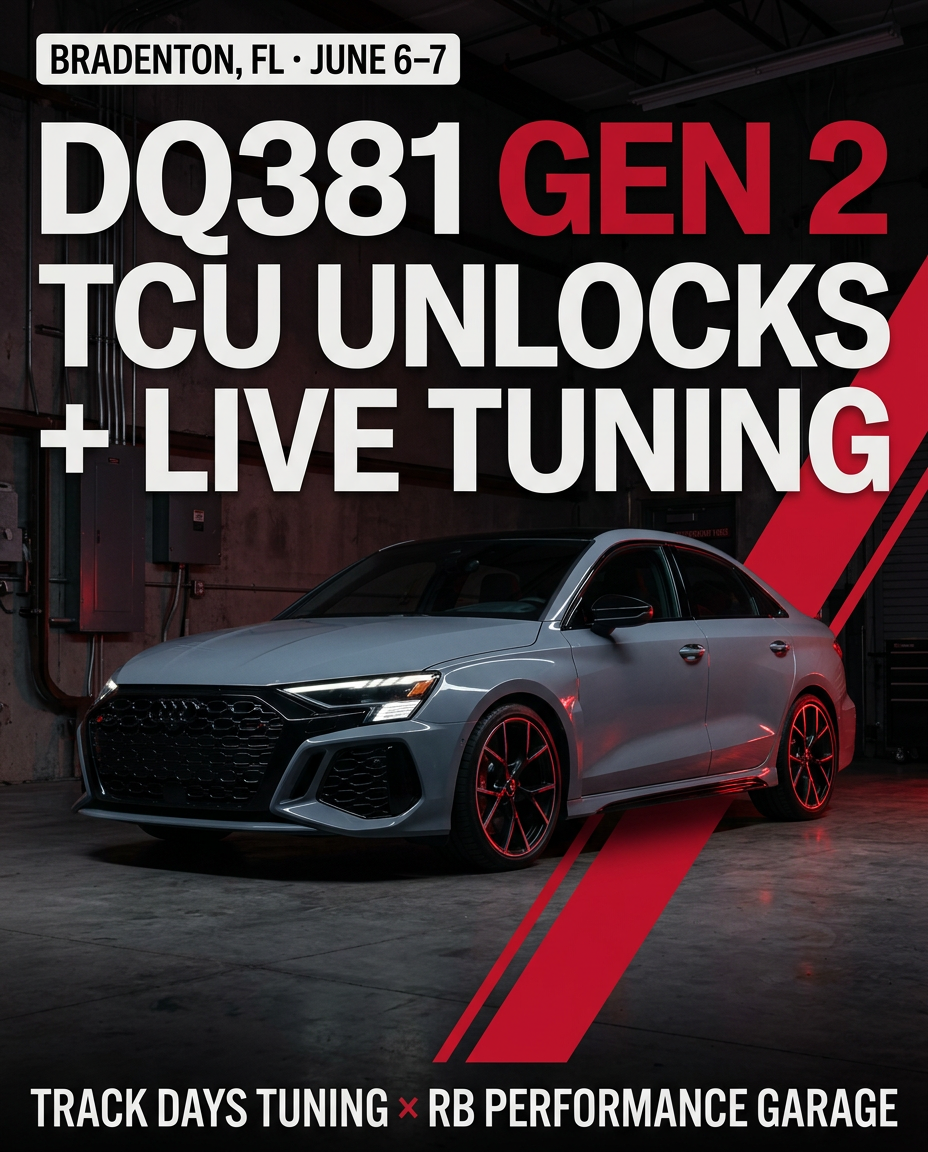 Instagram portrait poster featuring the Audi RS3 sedan for the DQ381 Gen 2 Bradenton event
