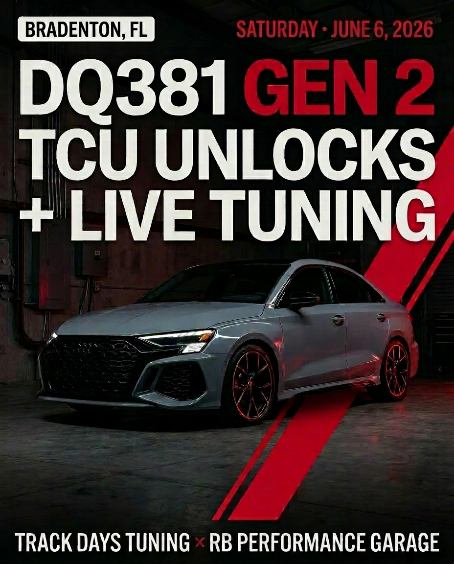 Instagram portrait poster featuring the Audi RS3 sedan for the DQ381 Gen 2 Bradenton event