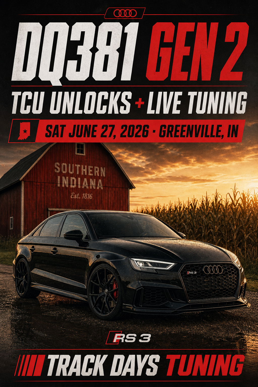 Instagram portrait poster featuring the Audi RS3 sedan for the DQ381 Gen 2 Greenville, IN event